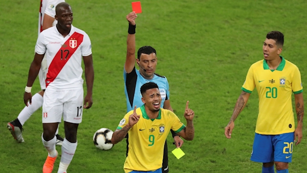 Watch: Gabriel Jesus pushes over VAR monitor after Copa America final red card