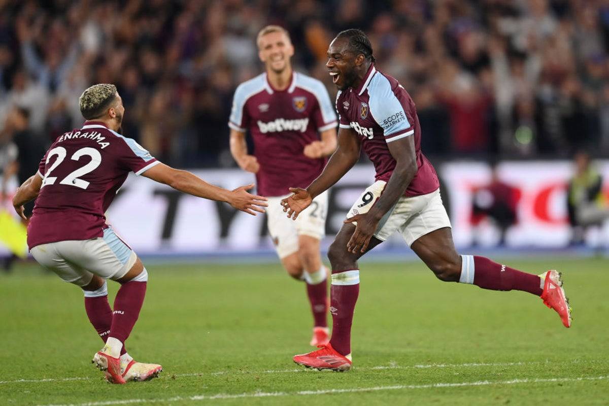 Michail Antonio celebrates after becoming West Ham's all-time top Premier League scorer
