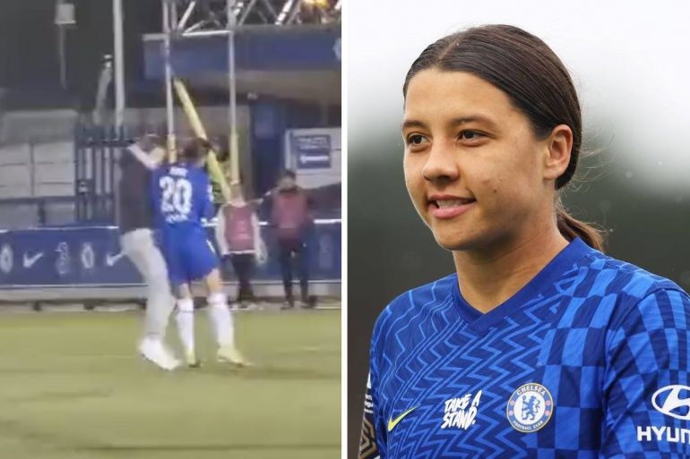(Video) Chelsea Women star Sam Kerr BARGES pitch-invader to the floor