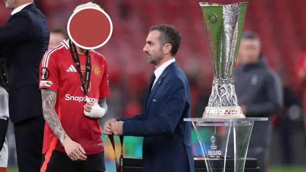 Alejandro Garnacho walks past Europa League trophy